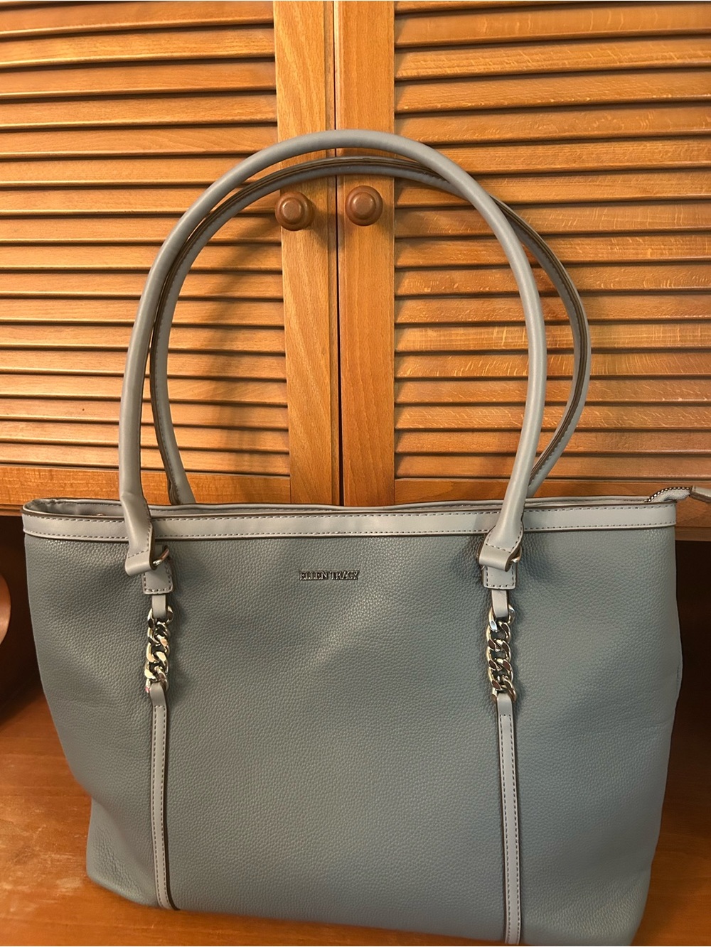 Ellen Tracy Light Blue-Gray Double-Handle Tote with Chain Accents